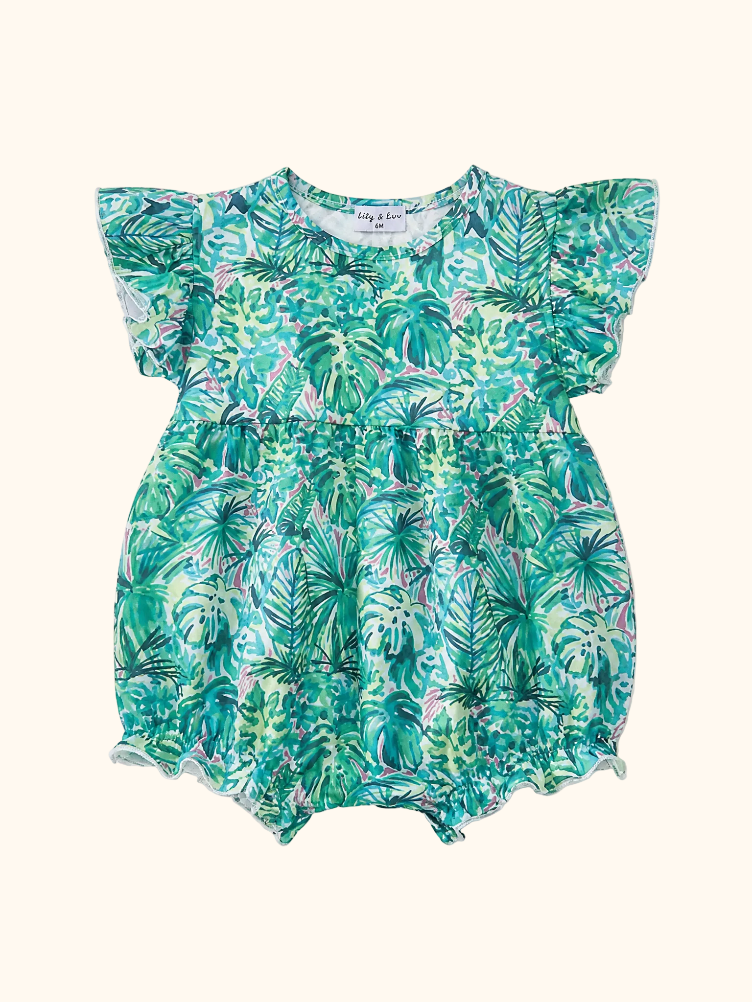 Green tropical floral baby bubble romper with flutter sleeves and gathered waist, front view