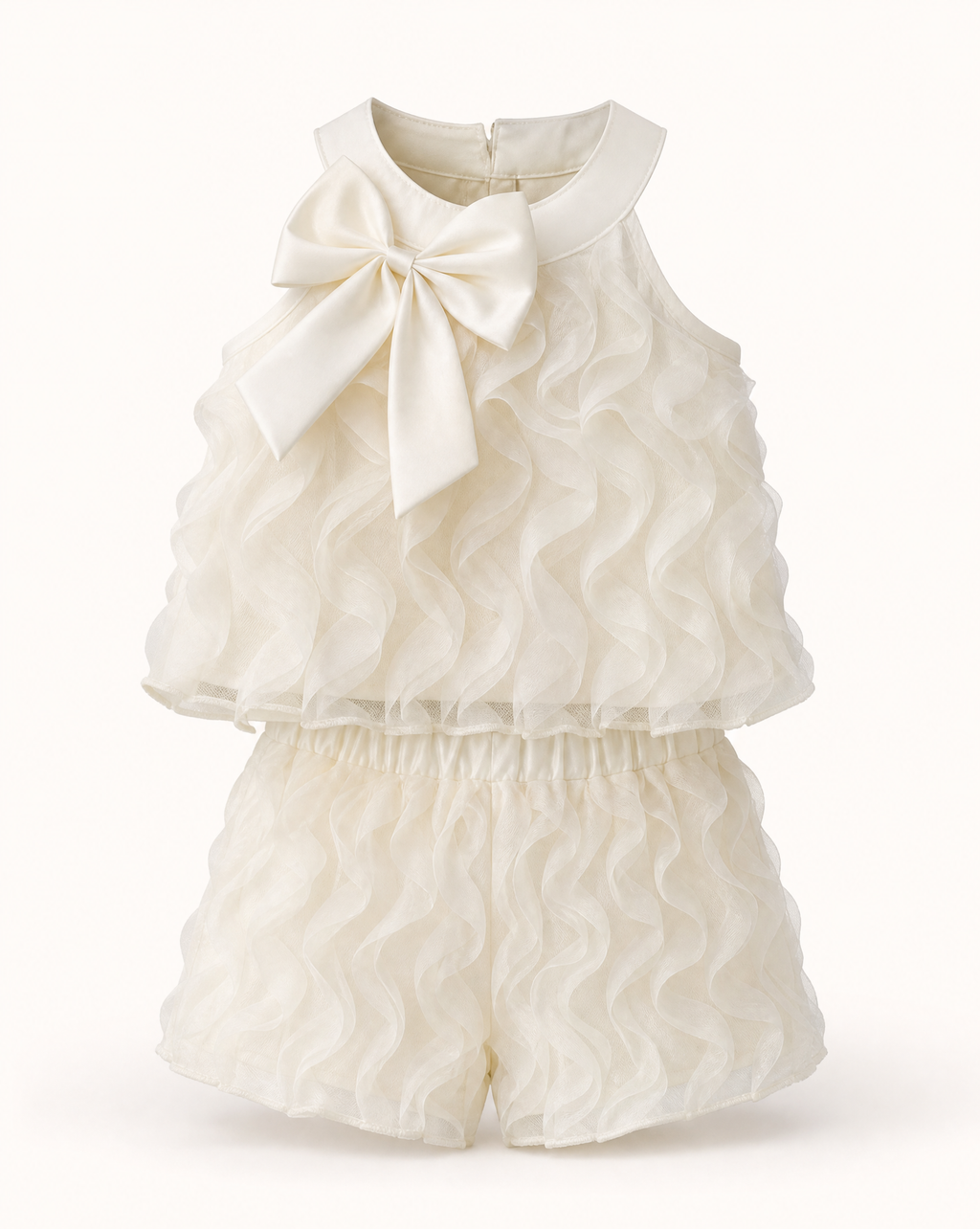 Baby White Bow Ruffle Mesh Top & Shorts Set