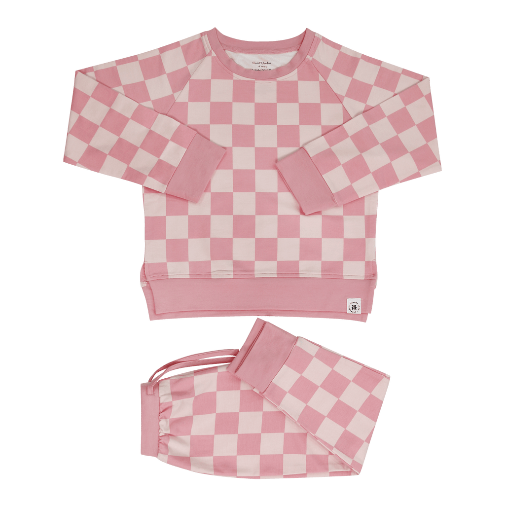 Baby pink checker crew neck top and matching jogger pants, product view