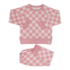 Baby pink checker crew neck top and matching jogger pants, product view