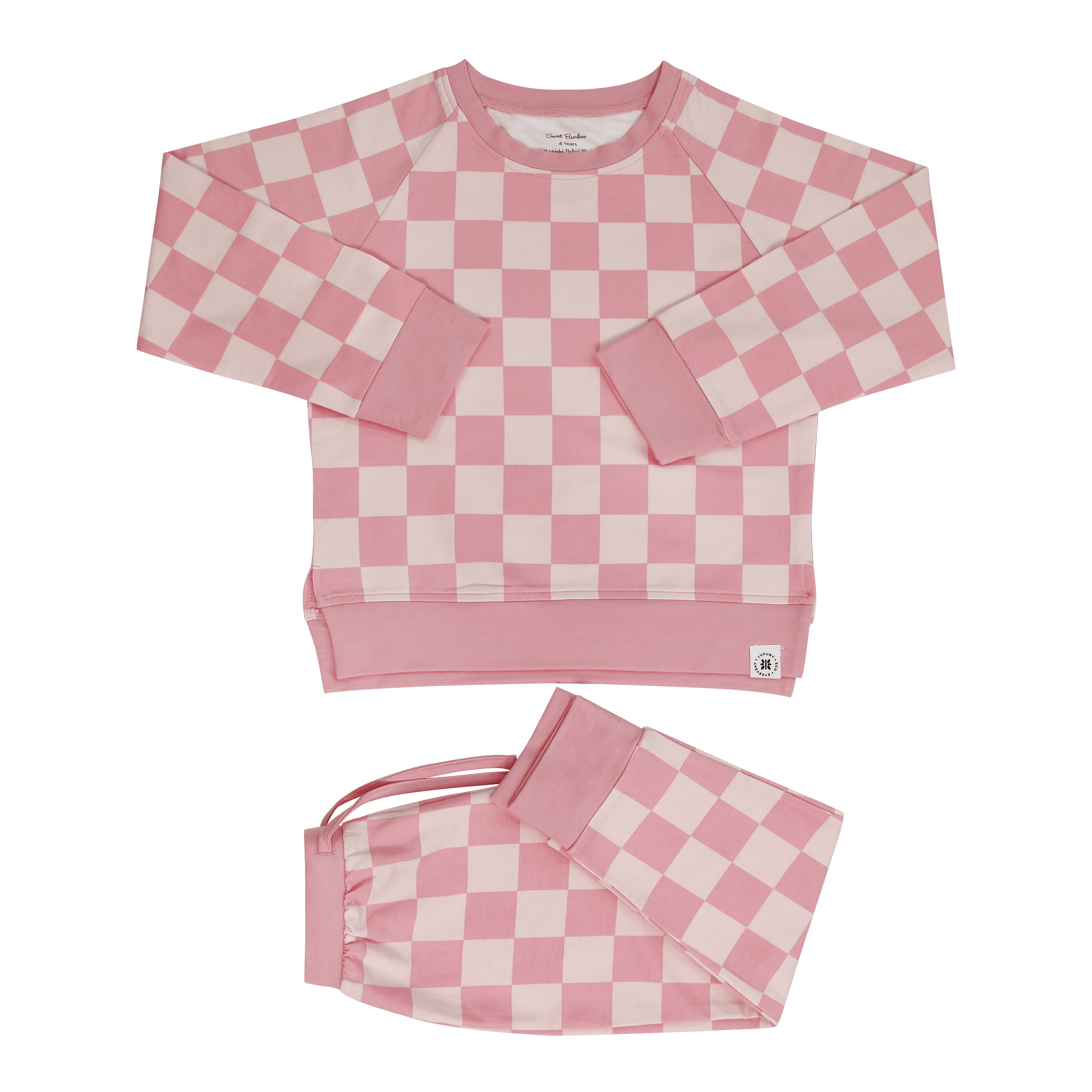 Baby pink checker crew neck top and matching jogger pants, product view