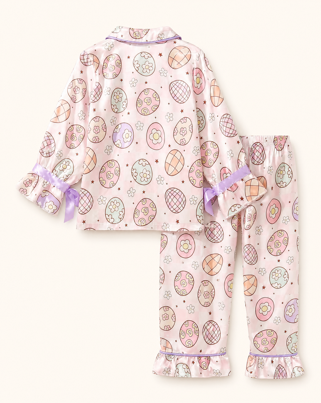 Baby Pink Egg Print Pajama Set with Bow Accents