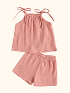 Pink baby tie-shoulder cami and matching textured shorts set, alternate front view