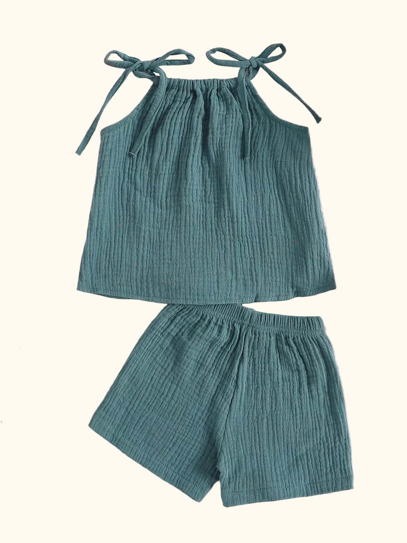 Sea blue baby textured cami and shorts set with tie-shoulder straps, front product view
