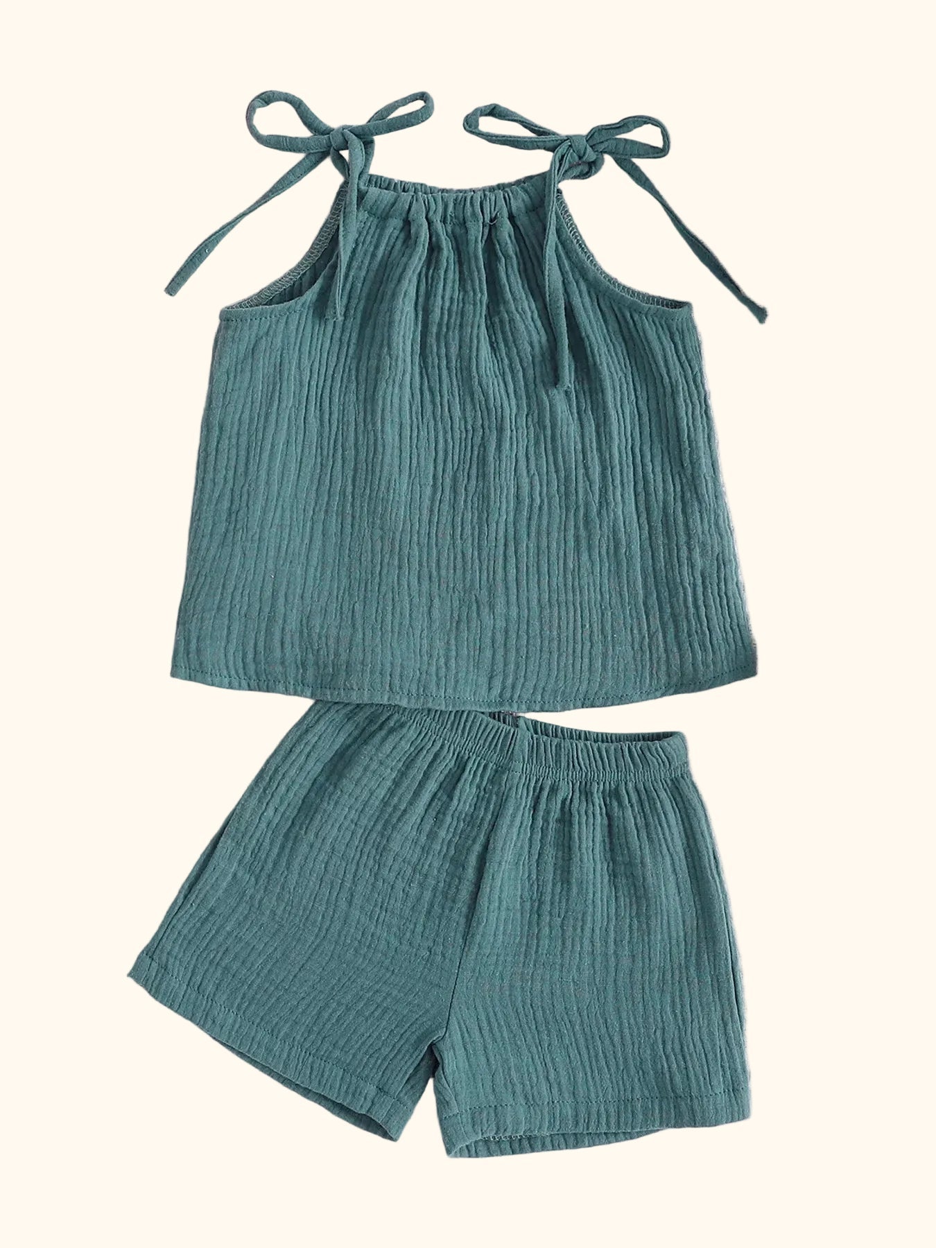 Sea blue baby textured shorts with elastic waistband, waist detail close-up