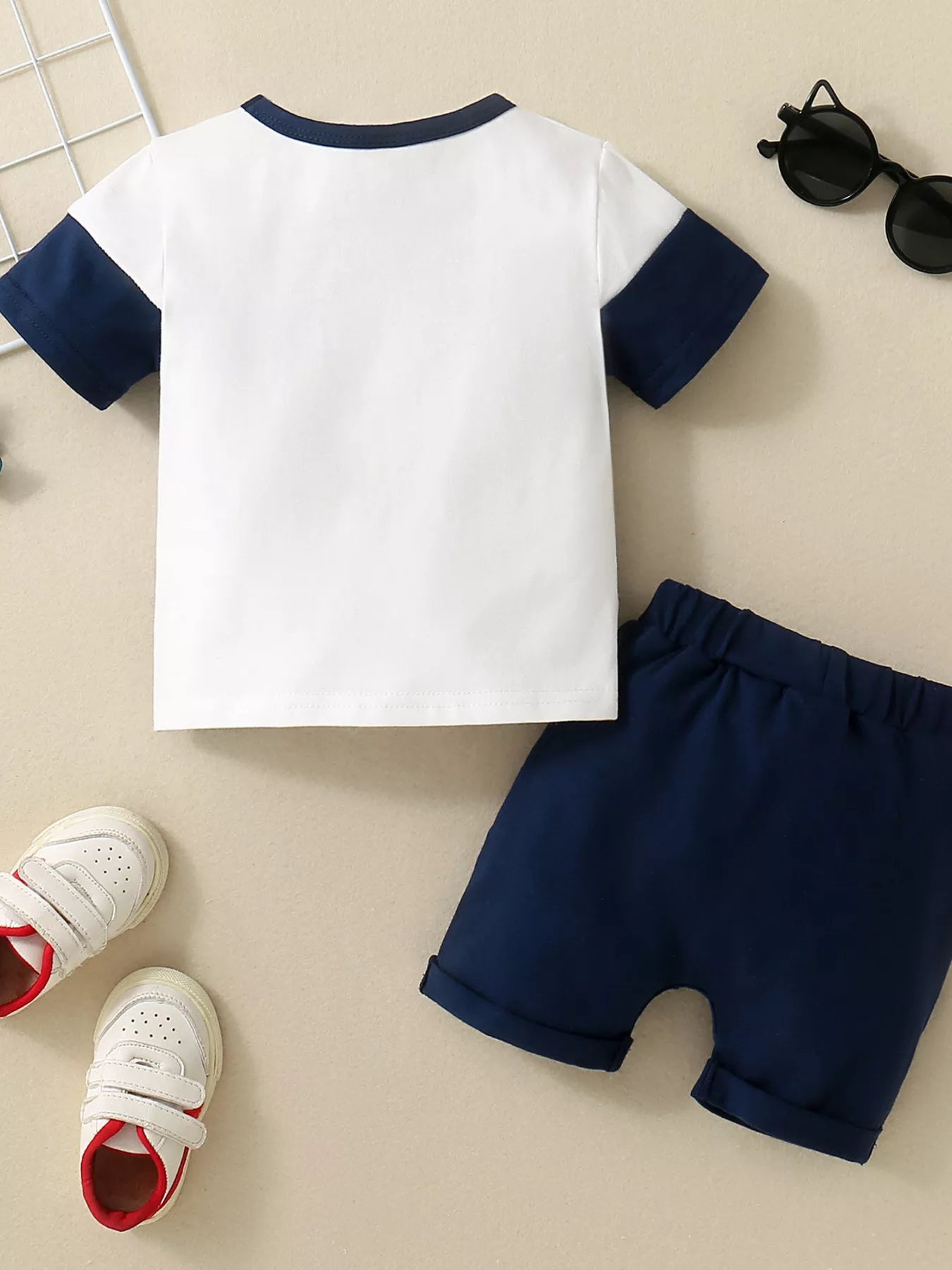 Dark blue baby striped T-shirt and solid shorts set, back product view