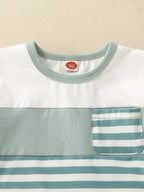 Light blue baby striped T-shirt with contrast round neckline, neckline close-up