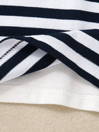 Dark blue baby striped T-shirt fabric with finished hem stitching, fabric close-up