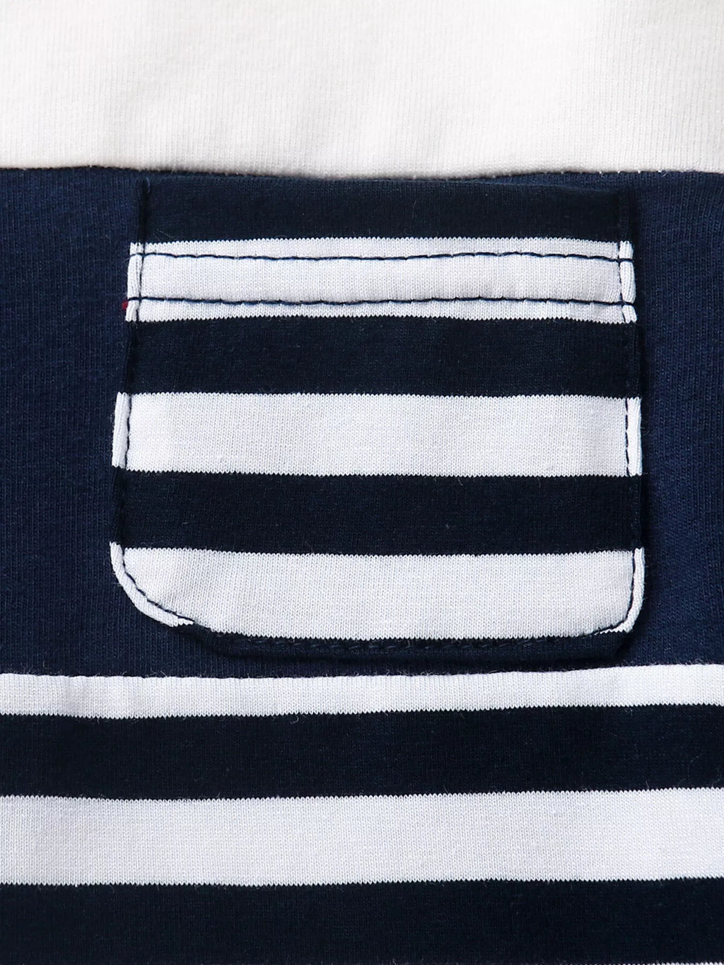 Dark blue baby T-shirt with striped chest pocket, pocket detail view