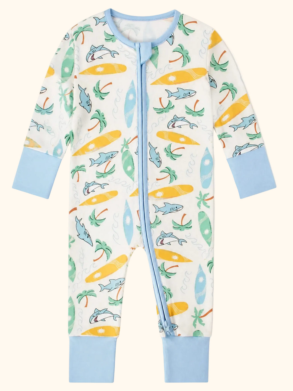 Cream baby bamboo beach surf zippy romper with sharks and colorful surfboards, front product view