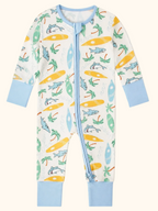 Cream baby bamboo beach surf zippy romper with sharks and colorful surfboards, front product view