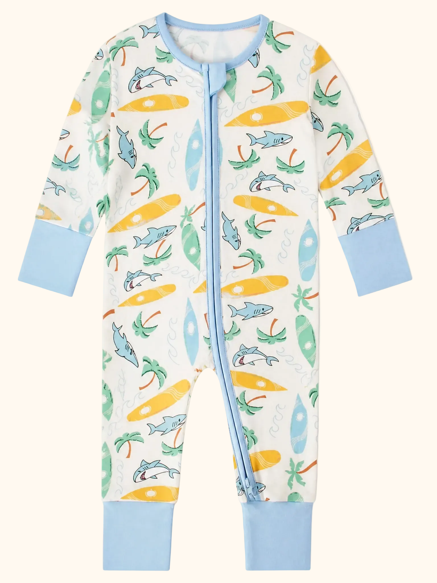 Cream baby bamboo beach surf zippy romper with sharks and colorful surfboards, front product view