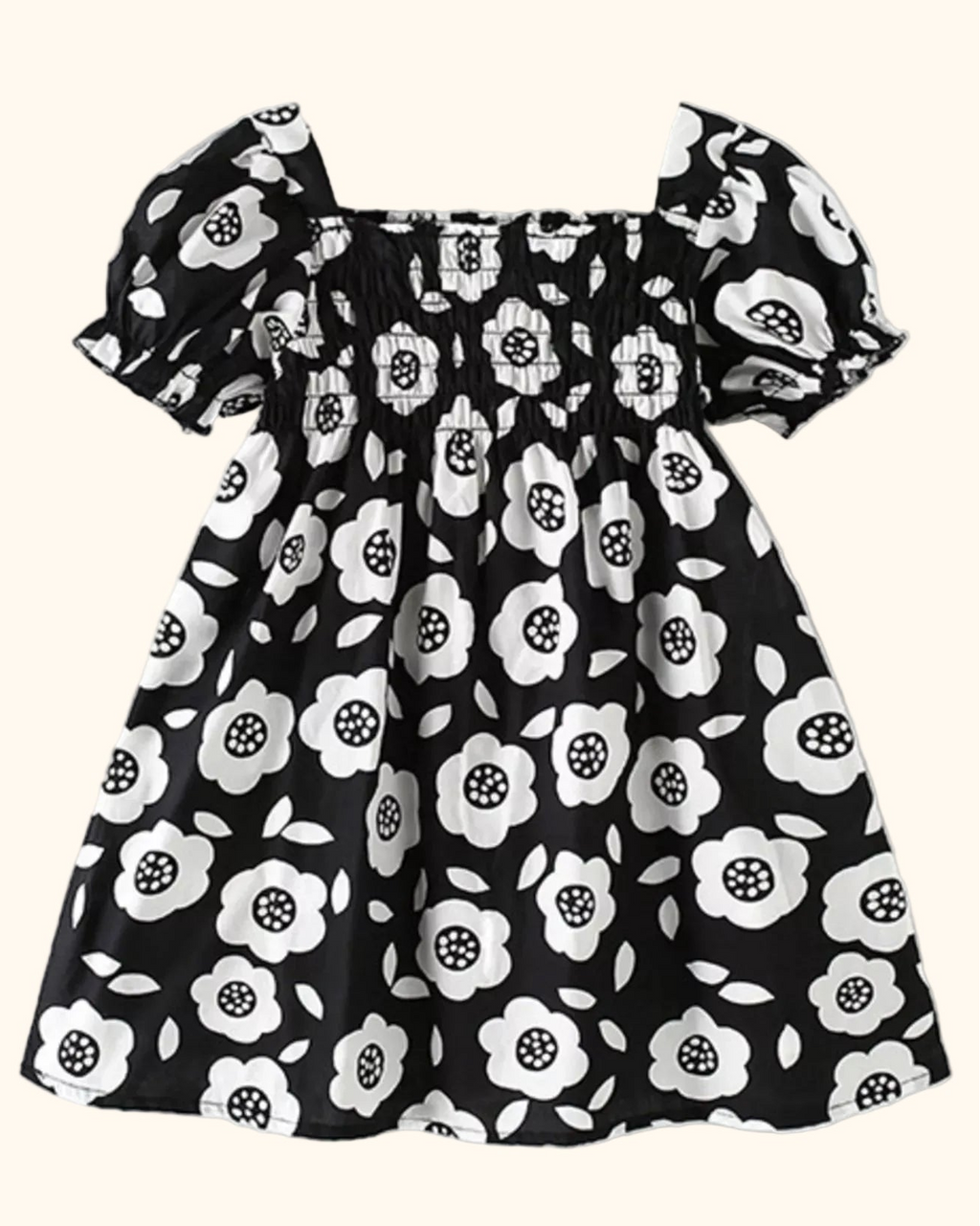Black kids floral square-neck dress with smocked bodice and puff sleeves, front product view