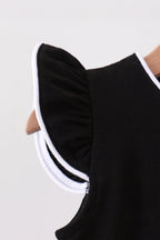 Black kids flutter sleeve with white contrast edging, close-up detail view