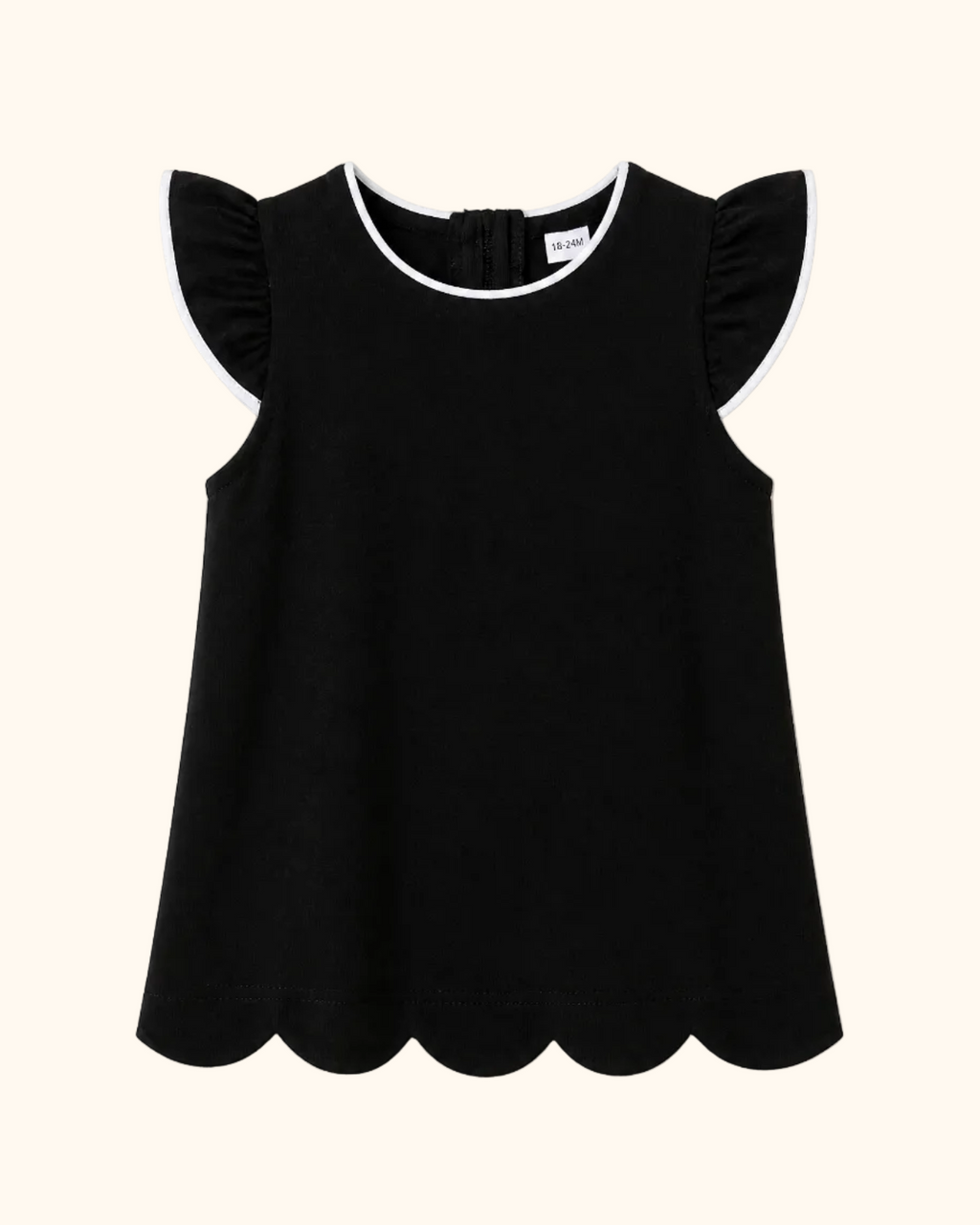 Black kids flutter-sleeve top with white contrast trim and scalloped hem, front product view