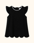 Black kids flutter-sleeve top with white contrast trim and scalloped hem, front product view