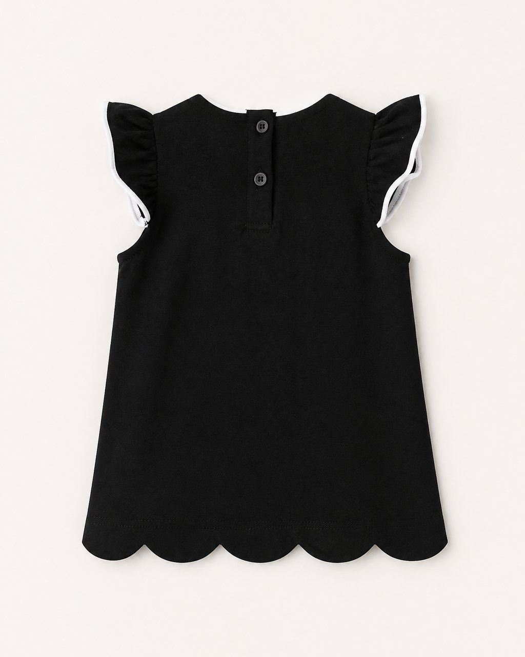 Black kids flutter-sleeve top with two-button back opening and scalloped hem, rear product view