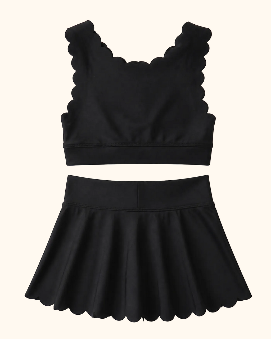 Black scalloped active top and matching kids skort, back product view