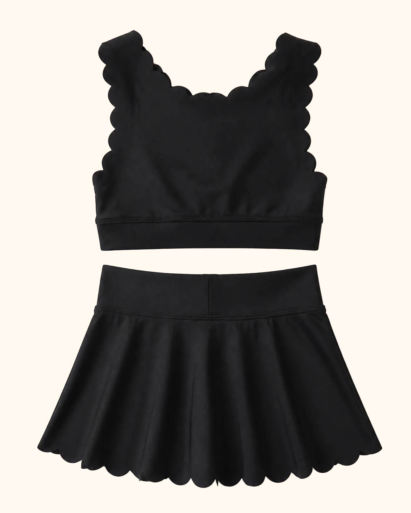 Black scalloped active top and matching kids skort, back product view
