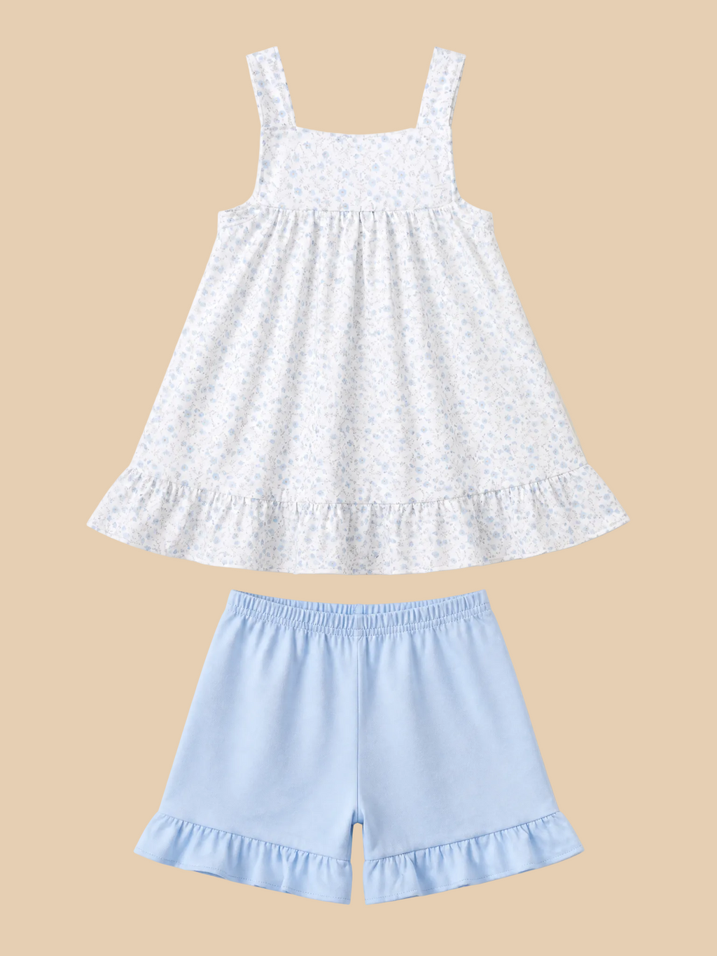 Blue floral top and matching ruffle shorts set, back product view
