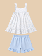Blue floral top and matching ruffle shorts set, back product view