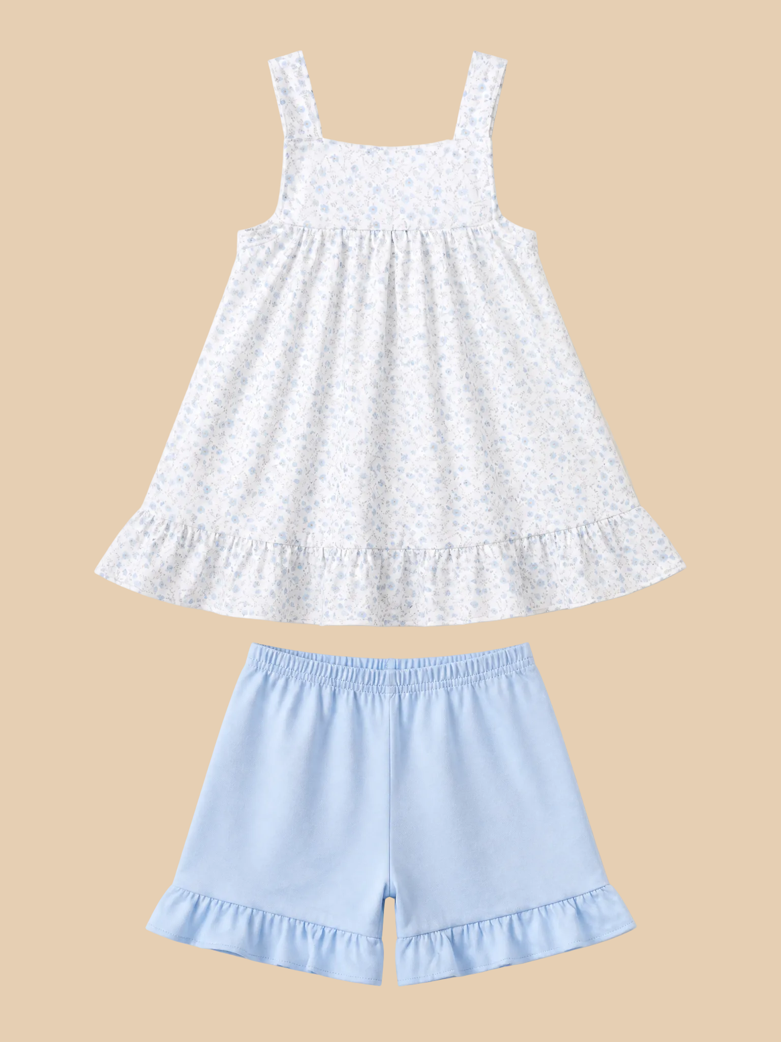 Blue floral top and matching ruffle shorts set, back product view