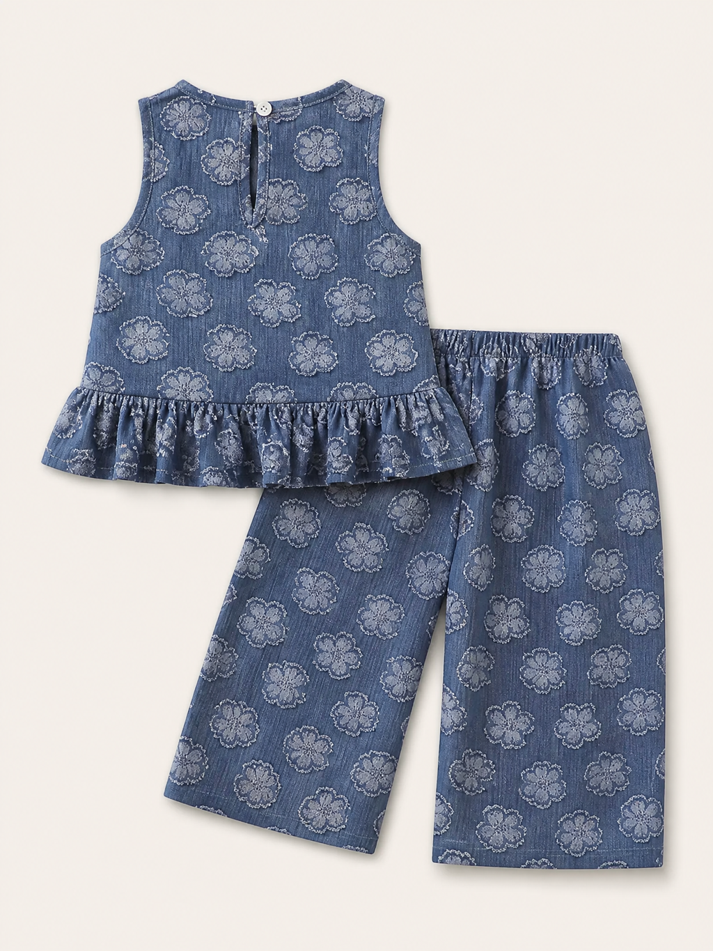 Blue baby flower tank and wide-leg pants set with button-back top, back product view