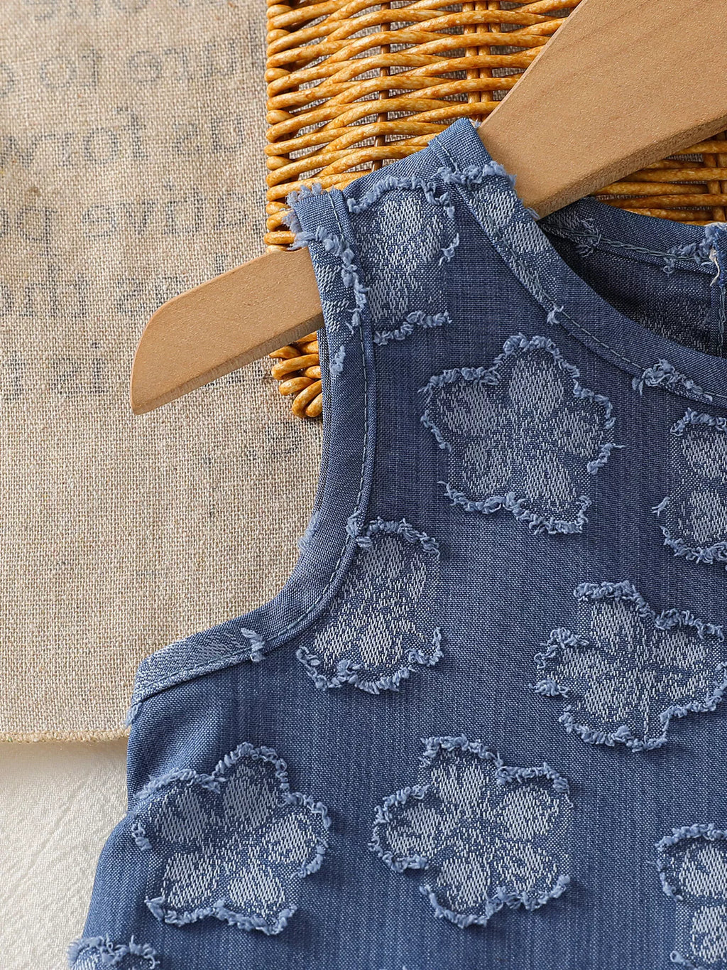 Blue baby flower tank and pants set with raised tonal floral texture, detail view