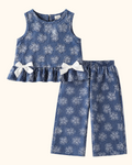 Blue baby flower tank and wide-leg pants set with white bow details, front product view