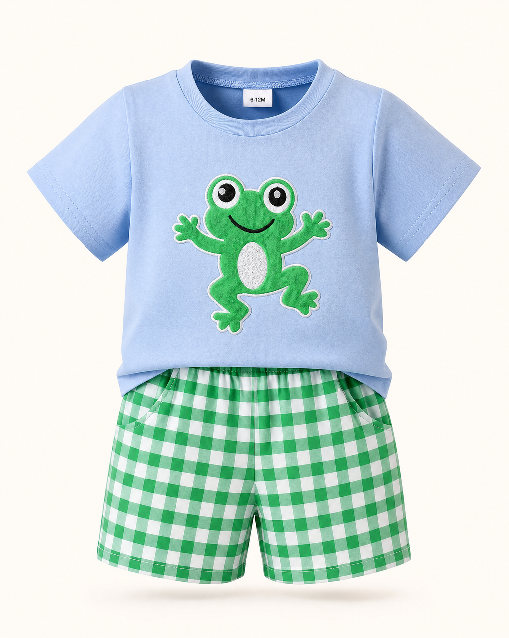 Blue baby frog appliqué T-shirt and green gingham shorts set, front product view