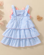Blue gingham baby and toddler layered ruffle dress with elasticized open back, back product view