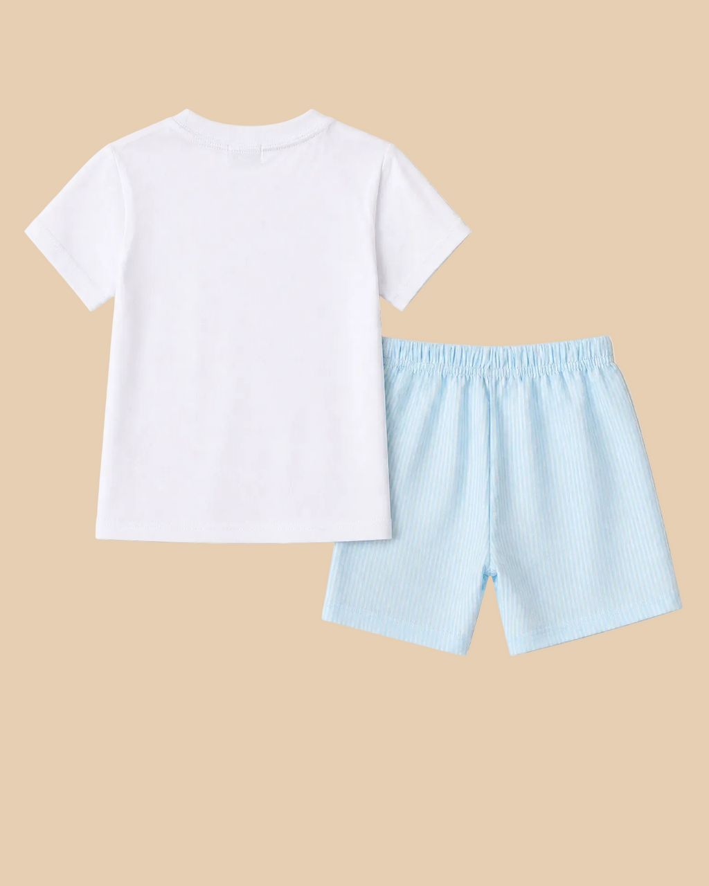White T-shirt and blue striped kids shorts set, back product view