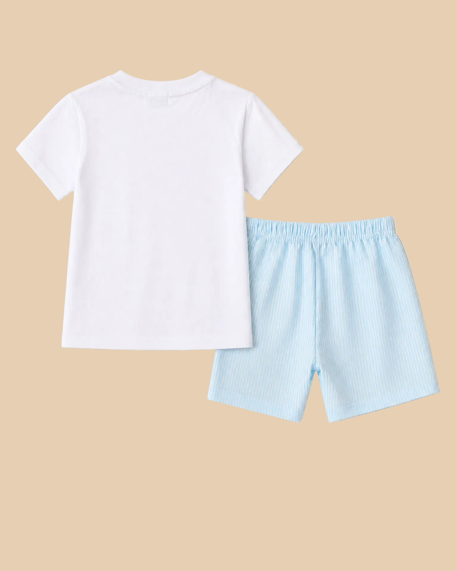 White T-shirt and blue striped kids shorts set, back product view