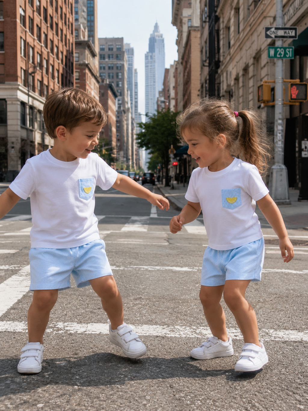 White and blue kids shorts set with lemon embroidered pocket tee, city lifestyle view