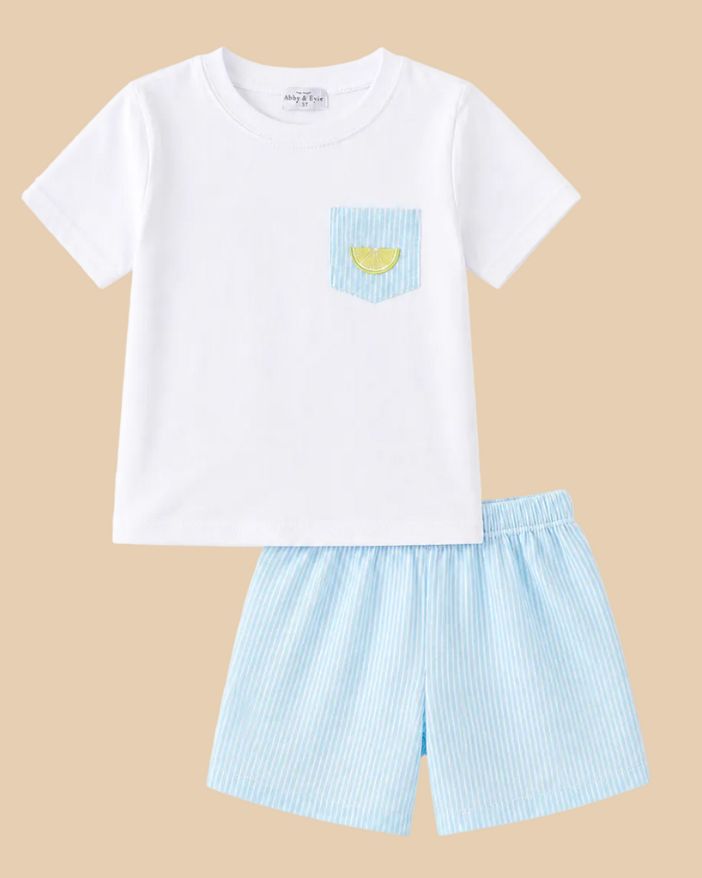 White lemon pocket T-shirt and blue striped kids shorts set, front product view