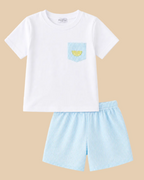 White lemon pocket T-shirt and blue striped kids shorts set, front product view