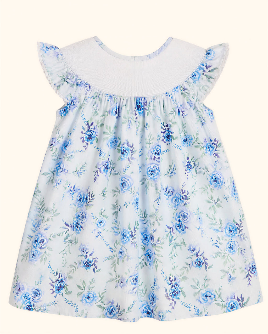 White and blue rose floral kids dress with flutter sleeves, back product view