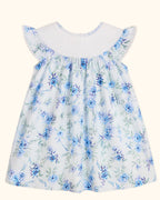 White and blue rose floral kids dress with flutter sleeves, back product view