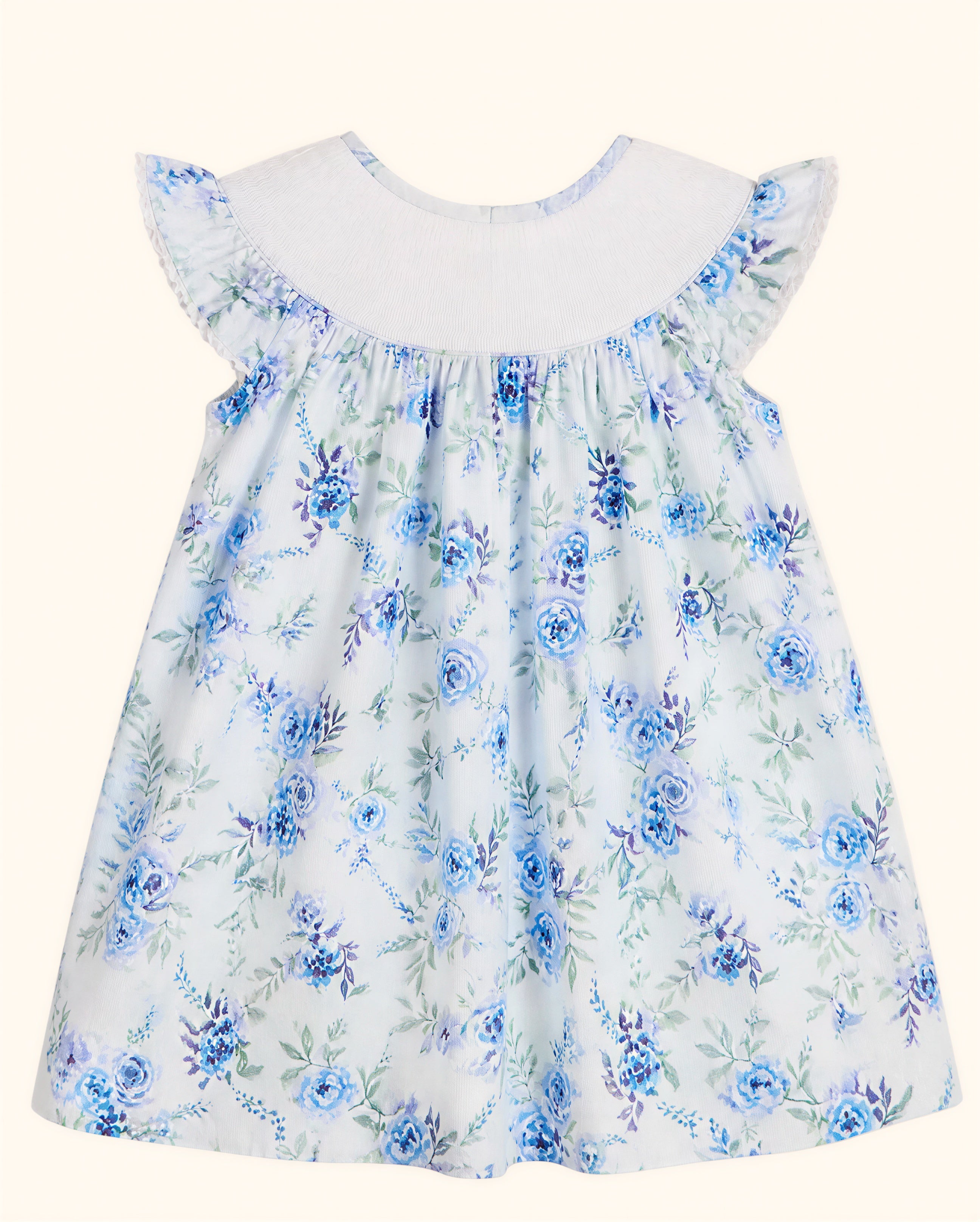 White and blue rose floral kids dress with flutter sleeves, back product view