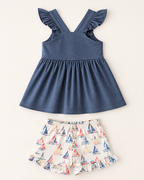 Blue sailboat smocked top and matching ruffle shorts set, back product view