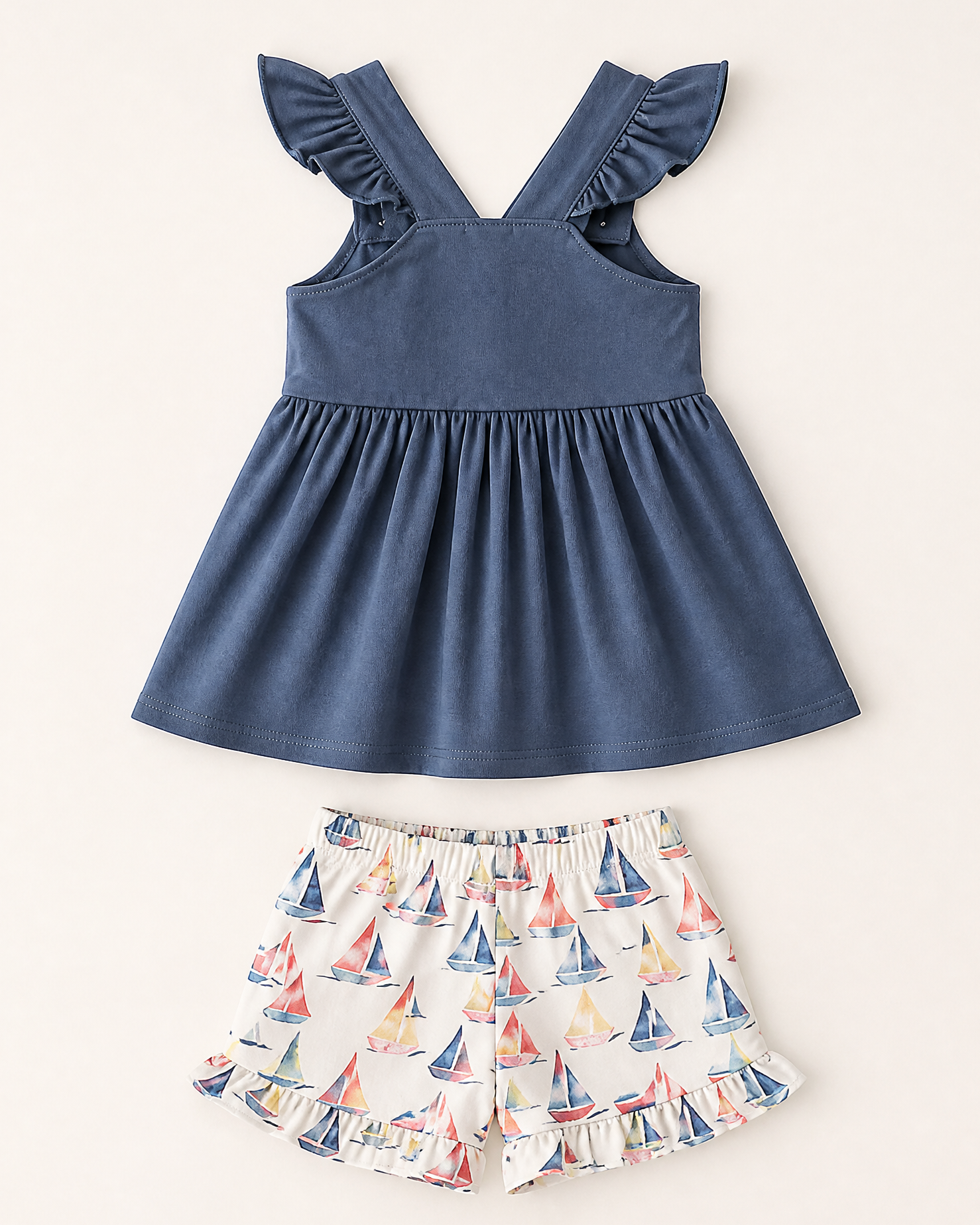Blue sailboat smocked top and matching ruffle shorts set, back product view