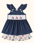 Blue kids sailboat smocked top and ruffle shorts set, front product view