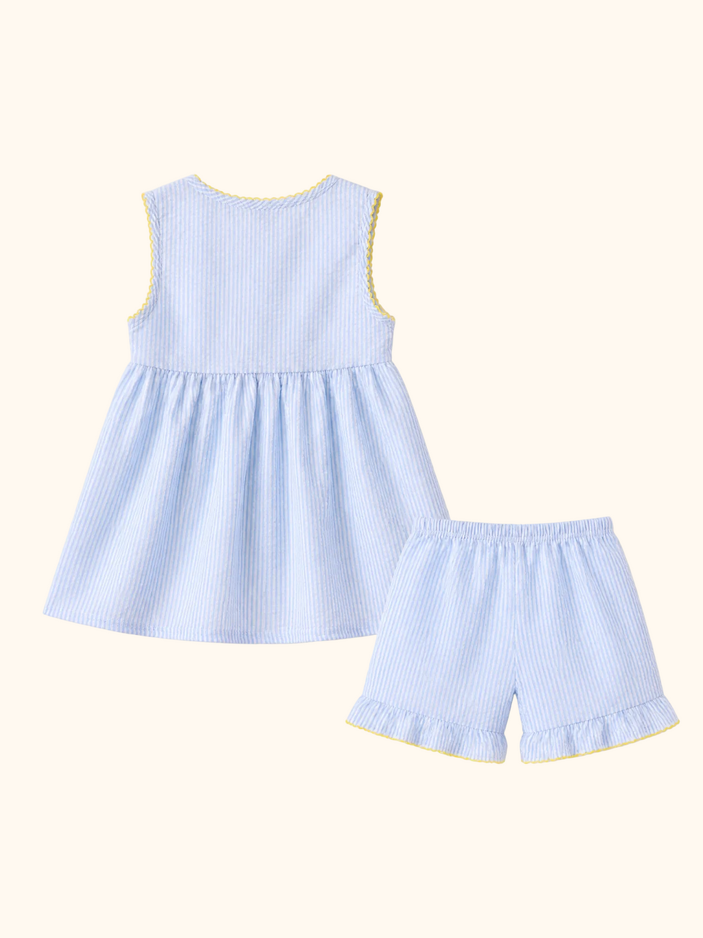 Blue striped seersucker top and ruffle shorts set, back product view