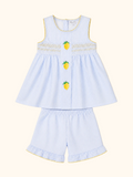 Blue striped seersucker kids shorts set with yellow lemon embroidery and ruffle trim, front product view