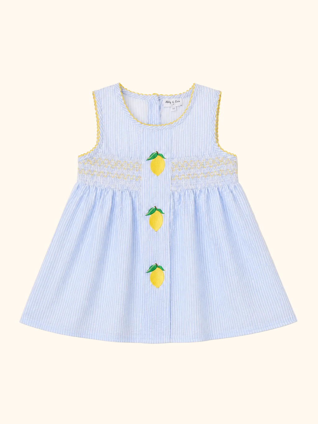 Blue striped seersucker sleeveless top with yellow lemon embroidery and smocked chest, front view