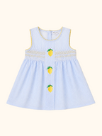 Blue striped seersucker sleeveless top with yellow lemon embroidery and smocked chest, front view