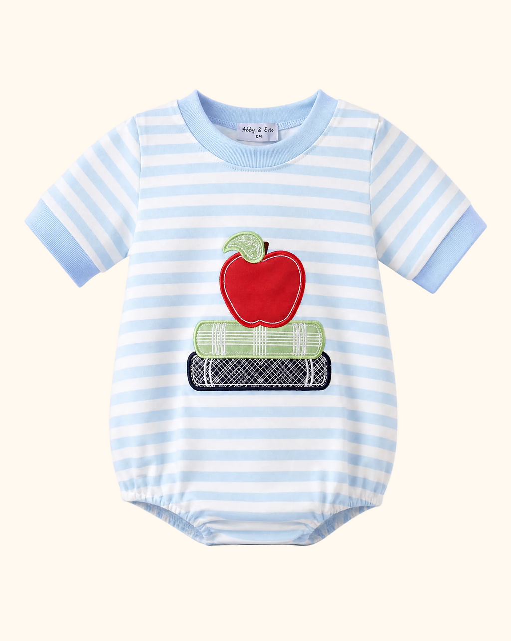 Blue Stripe Apple Book Appliqué Bubble Onesie