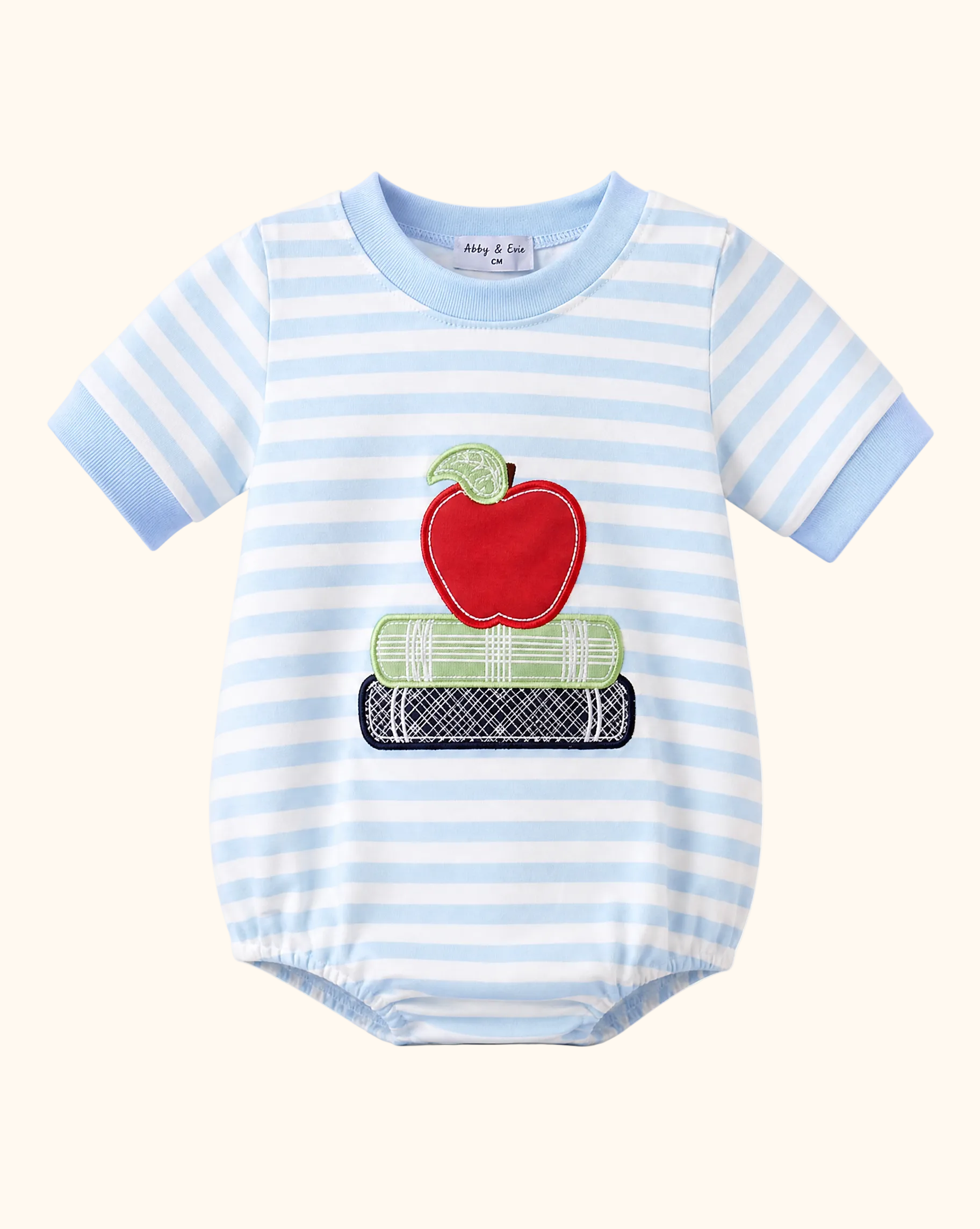 Blue Stripe Apple Book Appliqué Bubble Onesie