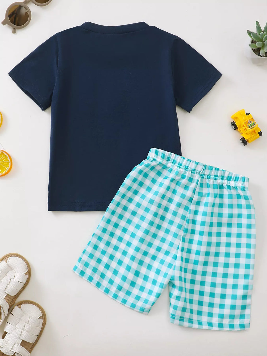 Dark blue tractor T-shirt and aqua gingham shorts set with elastic waistband, back product view