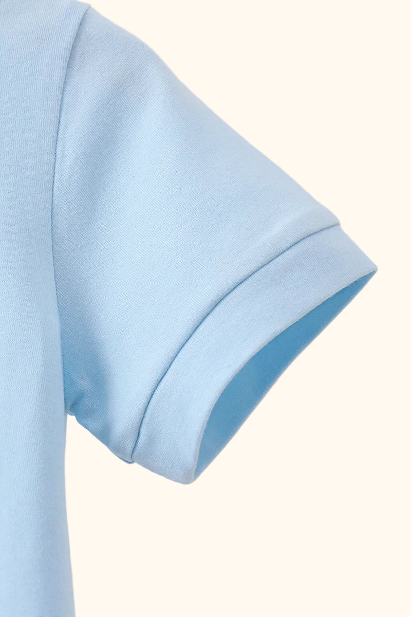 Light blue kids polo shirt with short sleeve turn-back cuff, sleeve detail